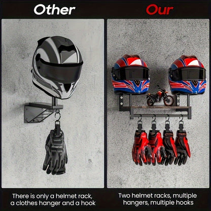 [Wooden Display Rack] Durable Wooden Wall-Mounted Motorcycle Helmet & Gear Display Rack with Key Holder*1 And Hooks