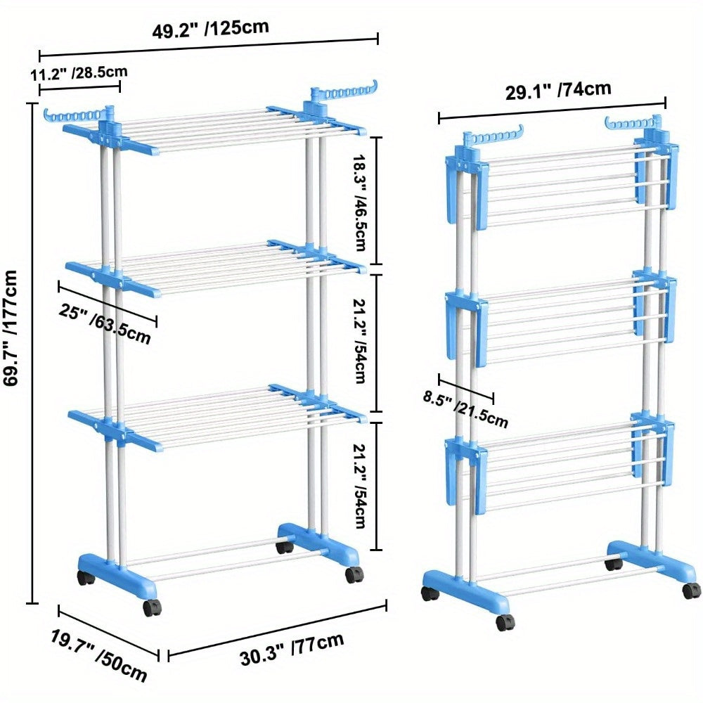 Clothes Drying Rack 4 Tier Foldable Airer Laundry Dryer Adjustable Stainless Steel Garment Laundry Racks Heavy Duty Removable Clothes Hanger with Casters for Indoor Outdoor
