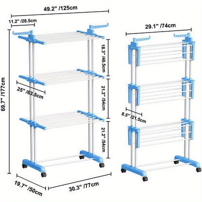Clothes Drying Rack 4 Tier Foldable Airer Laundry Dryer Adjustable Stainless Steel Garment Laundry Racks Heavy Duty Removable Clothes Hanger with Casters for Indoor Outdoor