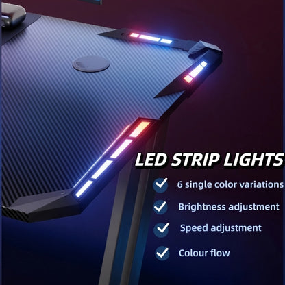 RGB Gaming Desk with LED Lights and Mouse Pad, Large Ergonomic Computer Desk with Cup Holder & Headphone Hook,Modern Carbon Fiber Design for PC Gaming & Home Office,Black