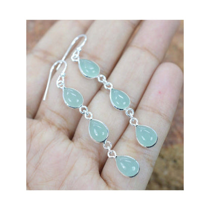 925 Sterling Silver Natural Gemstone 3 stone long Earring, Bezel Set Birthstone Ring, Perfect gift