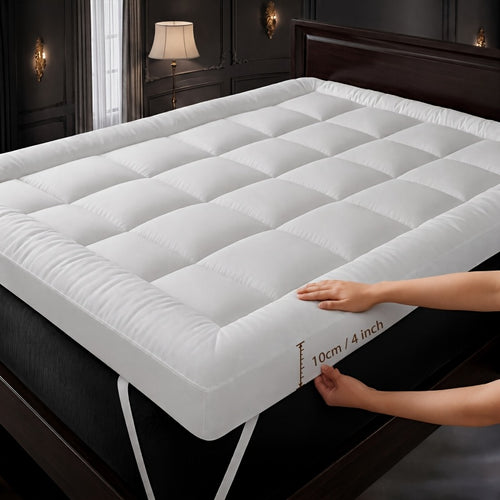 1pc 10cm Mattress Topper, Overfilled With 4Inch Microfiber Filling With Deep Pocket, Plush Soft, Anti-Shift & Even Weight Distribution Single/Double/King/Super King for all UK Bed Sizes - 4 Colours