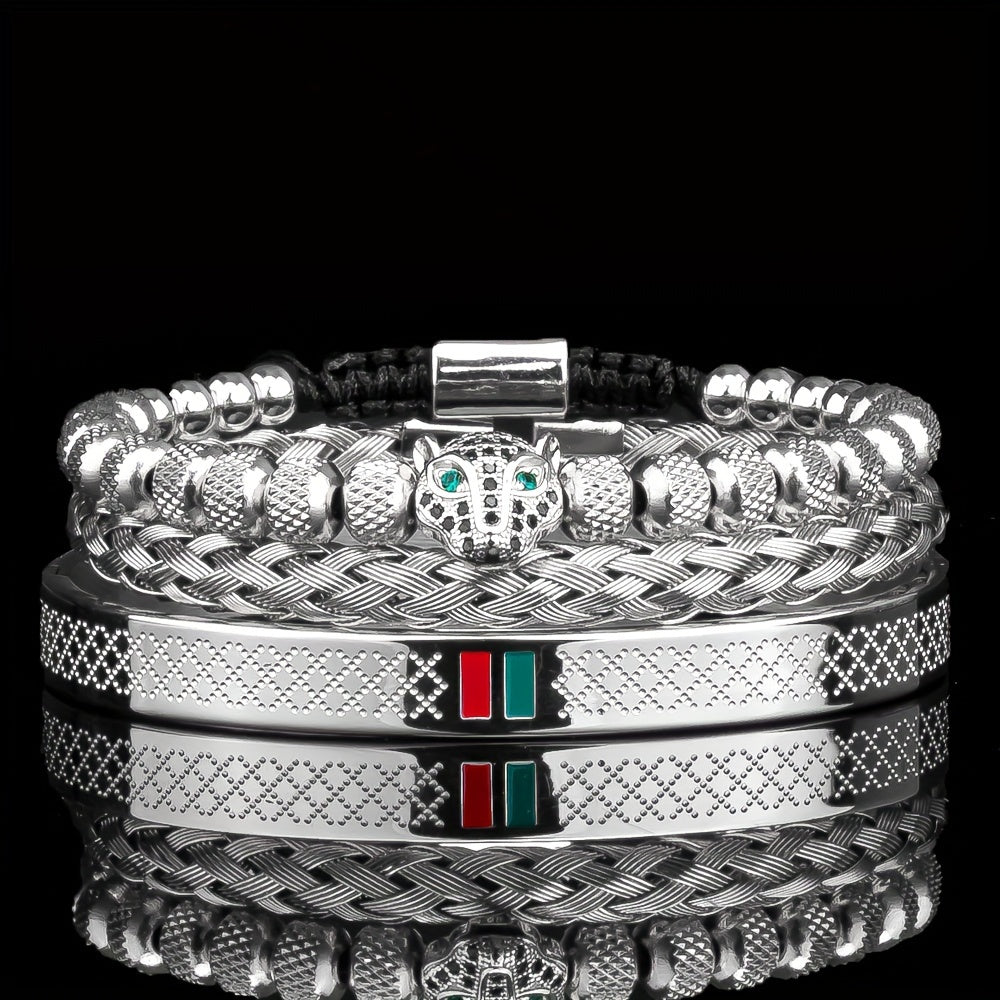 Luxury Handmade Braiding Bangle bangle bracelet Men Pave CZ Leopard Head Enamel Green Red Bangle bangle bracelet 304L 304 304L 304 Stainless Steel Jewelry