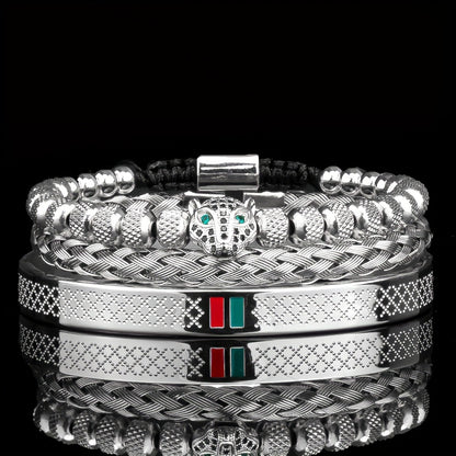 Luxury Handmade Braiding Bangle bangle bracelet Men Pave CZ Leopard Head Enamel Green Red Bangle bangle bracelet 304L 304 304L 304 Stainless Steel Jewelry