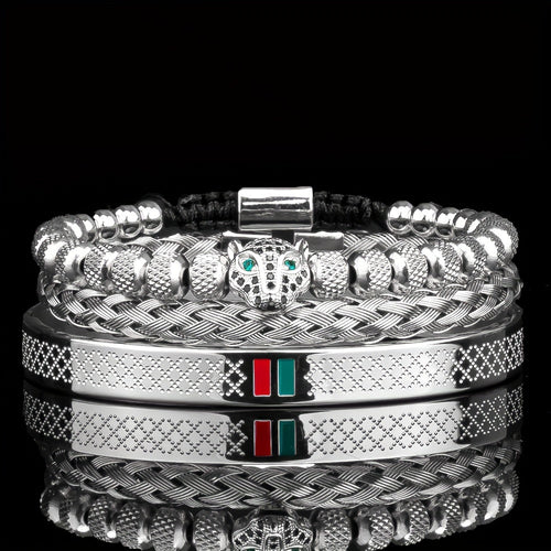 Luxury Handmade Braiding Bangle bangle bracelet Men Pave CZ Leopard Head Enamel Green Red Bangle bangle bracelet 304L 304 304L 304 Stainless Steel Jewelry