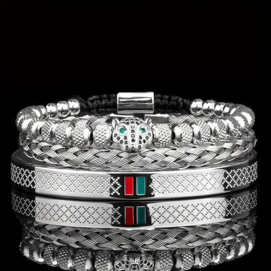 Luxury Handmade Braiding Bangle bangle bracelet Men Pave CZ Leopard Head Enamel Green Red Bangle bangle bracelet 304L 304 304L 304 Stainless Steel Jewelry