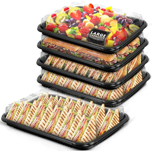 10 Sandwich Platter Trays with Lids - Reusable Plastic Buffet Trays for Catering, Sandwich Trays & Meal Prep Serving Trays for Parties, Events and Birthdays