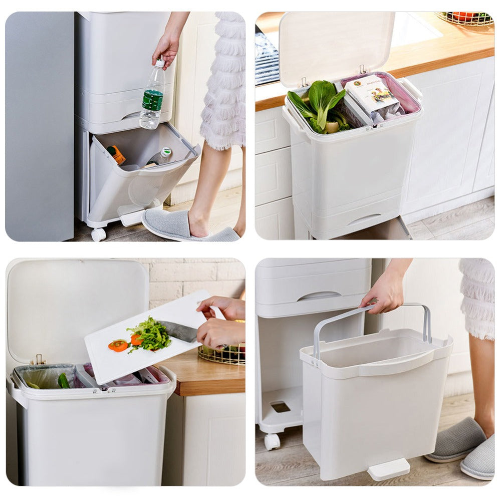 38L Rolling Dual Compartment Waste Bin with Casters – Wet & Dry Separation Rubbish Bin for Office & Living Room, Sturdy Plastic, 42x28x73cm