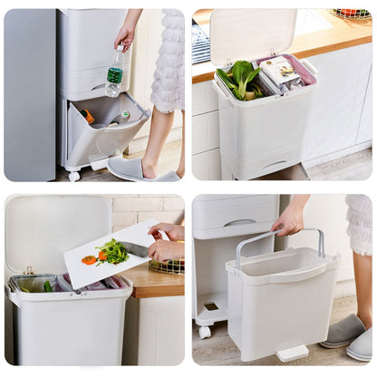 38L Rolling Dual Compartment Waste Bin with Casters – Wet & Dry Separation Rubbish Bin for Office & Living Room, Sturdy Plastic, 42x28x73cm