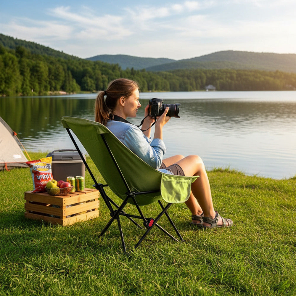 Portable High-Back Moon Chair (Three-Position Adjustment) Seat or Recline, Side Storage Pocket,Foldable Outdoor Chair Camping Picnic Lounger, Midday Rest Fishing Chair, Garden Seat Three Colours Available (Complimentary Storage Bag)