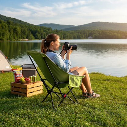 Portable High-Back Moon Chair (Three-Position Adjustment) Seat or Recline, Side Storage Pocket,Foldable Outdoor Chair Camping Picnic Lounger, Midday Rest Fishing Chair, Garden Seat Three Colours Available (Complimentary Storage Bag)