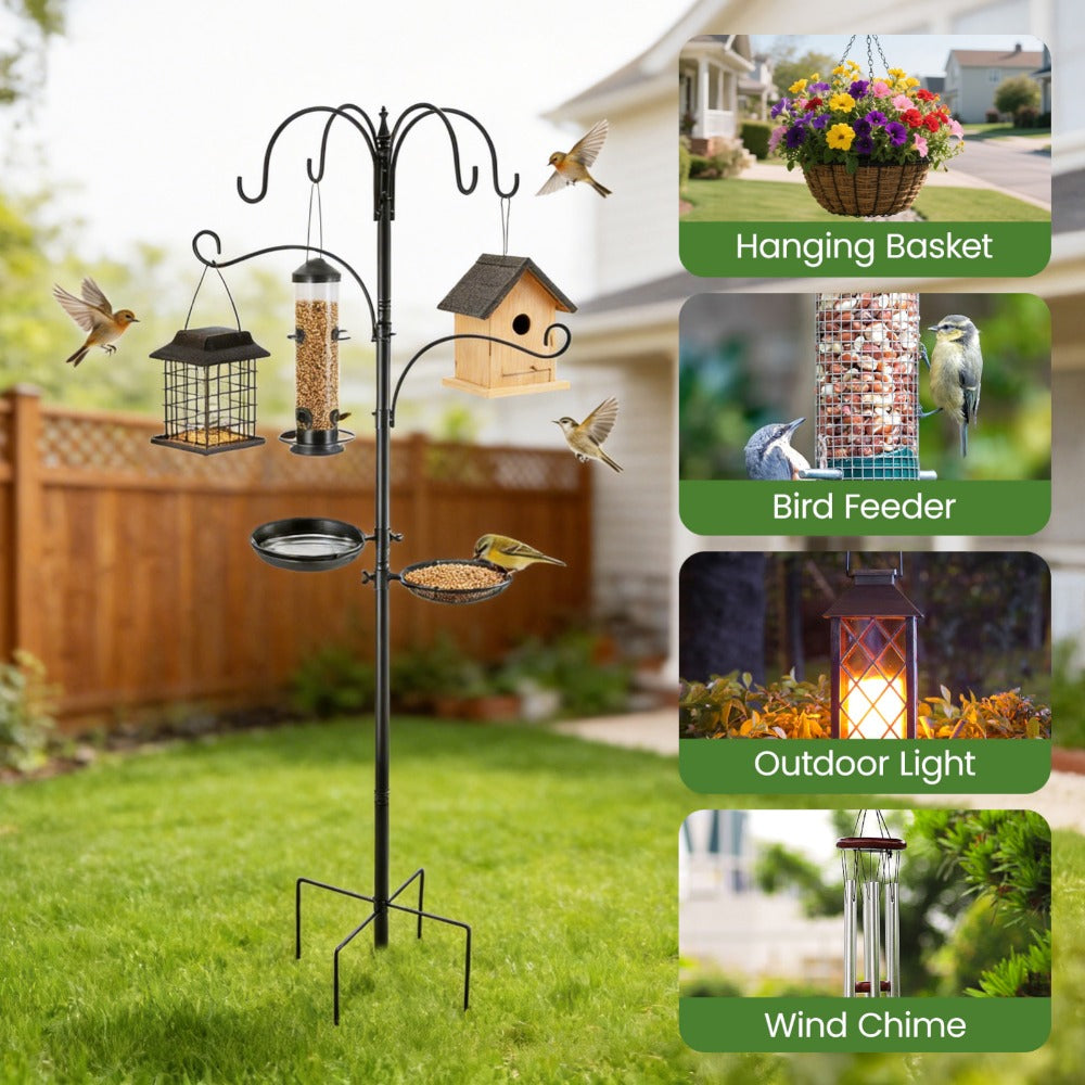 Bird Feeding Station 226cm 6-Hook All-in-One Kit – Heavy Duty Metal Pole with 5-Prong Base, Mesh Tray & 2 Dishes | Free Standing Wild Bird Feeder Stand with Shepherd Hooks for Garden & Patio