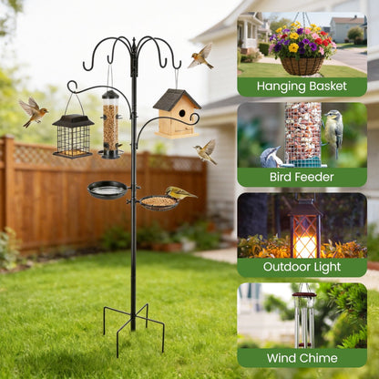 Bird Feeders Hanging Station Heavy Duty Free Standing Bird Feeding Pole with 5-Prong Ground Base 6 Hooks 2 Dishes Included for Outdoor Garden Wild Bird Feeder Stand & Shepherds Hooks