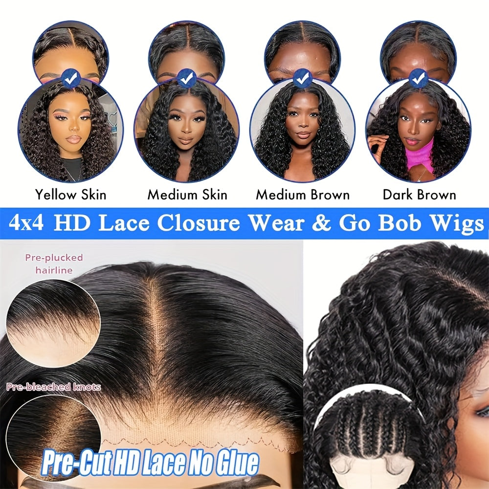 Glueless Wigs Human Hair 4x4 Kinky Curly Bob Wig Human Hair Wear And Go Glueless Wig Pre Plucked Pre Cut Deep Curly Short Wigs Human Hair for Women 180% Density 30.48cm