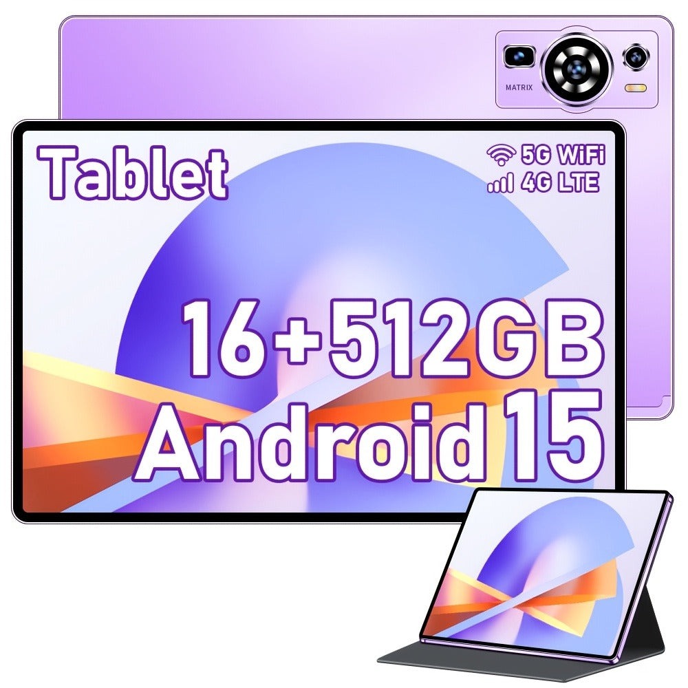 UXD A5 Android 15 Tablet 10.1 Inch 512GB ROM 16GB RAM LTE WiFi 6000mAh with Keyboard Mouse Stylus Case – 1TB Expandable HD Display Purple Grey Blue
