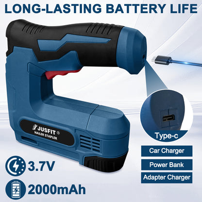 Electric Nail Gun - 2IN 1 Electric Wireless Nail Gun and Staple Gun with 1000pcs 18GA Brad Nails and 1000pcs Type 53 Staple, 100/PCS Max Capacity, USB Charging, Lightweight Staple Gun for Carpentry, Home Renovation. Easy-to-Use for DIY, Upholstery & Woodw