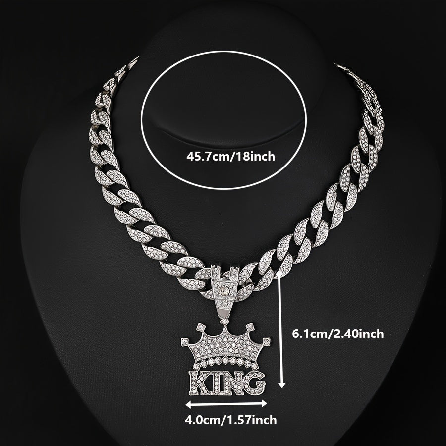 Men'S -Studded Crown Pendant Hip-Hop KING Letter Pendant Jewelry Street Trendy Cool Thick Cuban Necklace 1pc