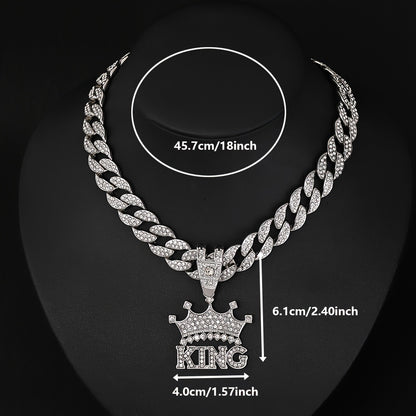 Men'S -Studded Crown Pendant Hip-Hop KING Letter Pendant Jewelry Street Trendy Cool Thick Cuban Necklace 1pc