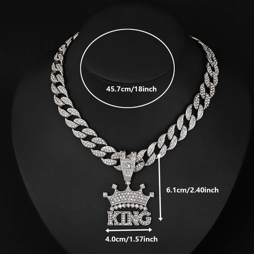Men'S -Studded Crown Pendant Hip-Hop KING Letter Pendant Jewelry Street Trendy Cool Thick Cuban Necklace 1pc