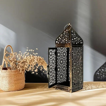 2-Pack Moroccan Style Iron Candle Lantern Holder - Intricate Cut-Out Patterns, Tabletop or Hanging Decor for Wedding, Dining Table, Courtyard, Rustic Elegance with Bakelite Finish (Candles Not Included)