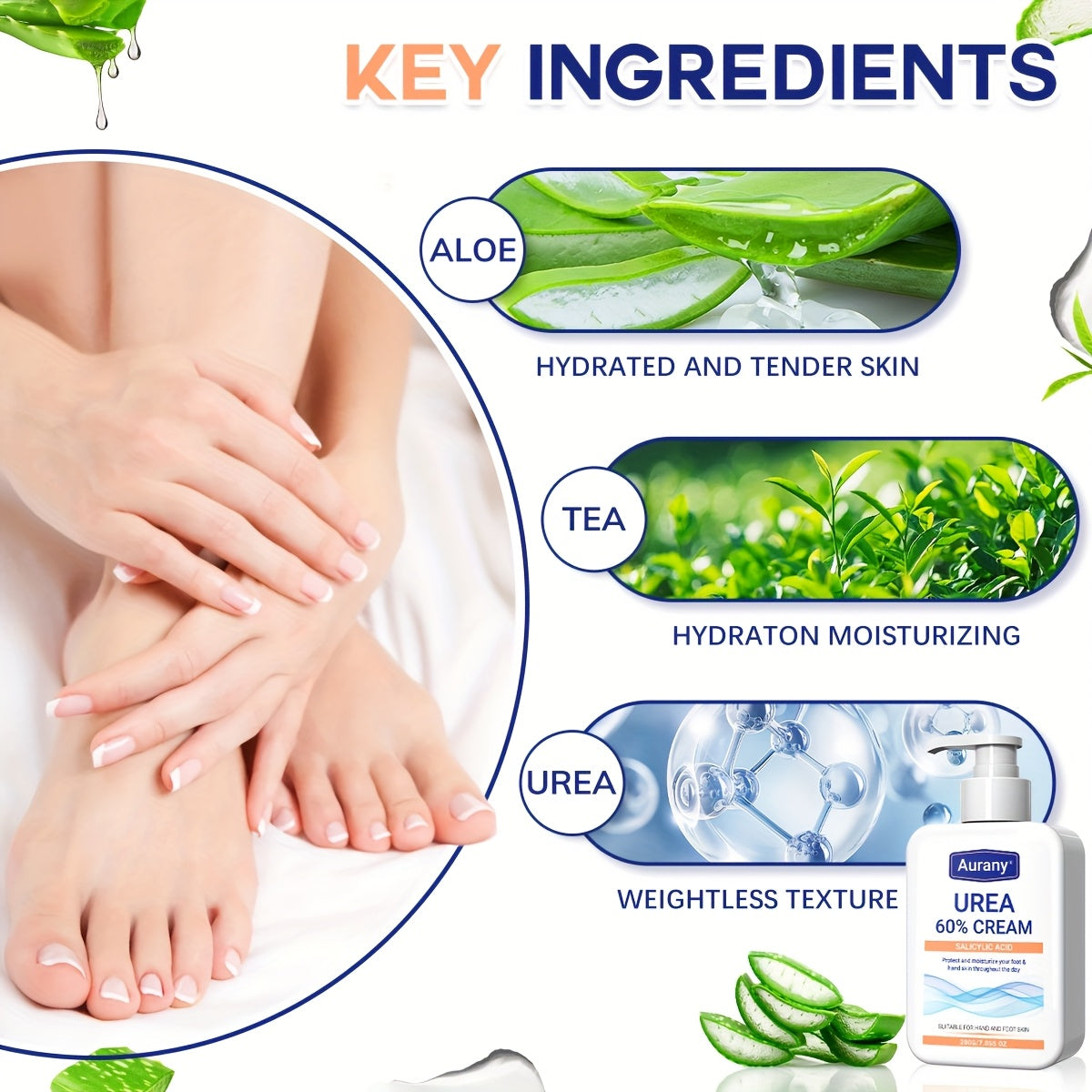 60%Urea Cream+Salicylic Acid, Urea Hand & Foot Cream, Moisturize Dry Hands And Feet, Containing Aloe Vera And Jojoba Ingredients, High Moisturizing Hand And Foot Cream, Light Beige, Neutral-200g