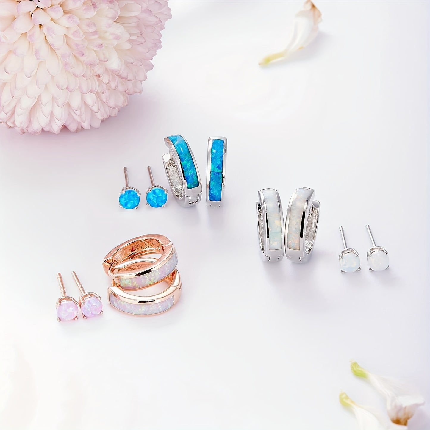 Opal Stud Huggie Hoop Earrings Set: Hypoallergenic Small Hoops Earrings for Women Sensitive Ears