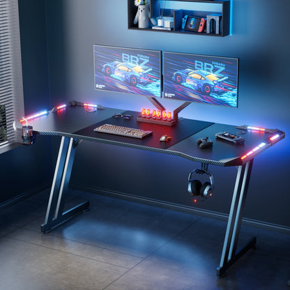 RGB Gaming Desk with LED Lights and Mouse Pad, Large Ergonomic Computer Desk with Cup Holder & Headphone Hook,Modern Carbon Fiber Design for PC Gaming & Home Office,Black
