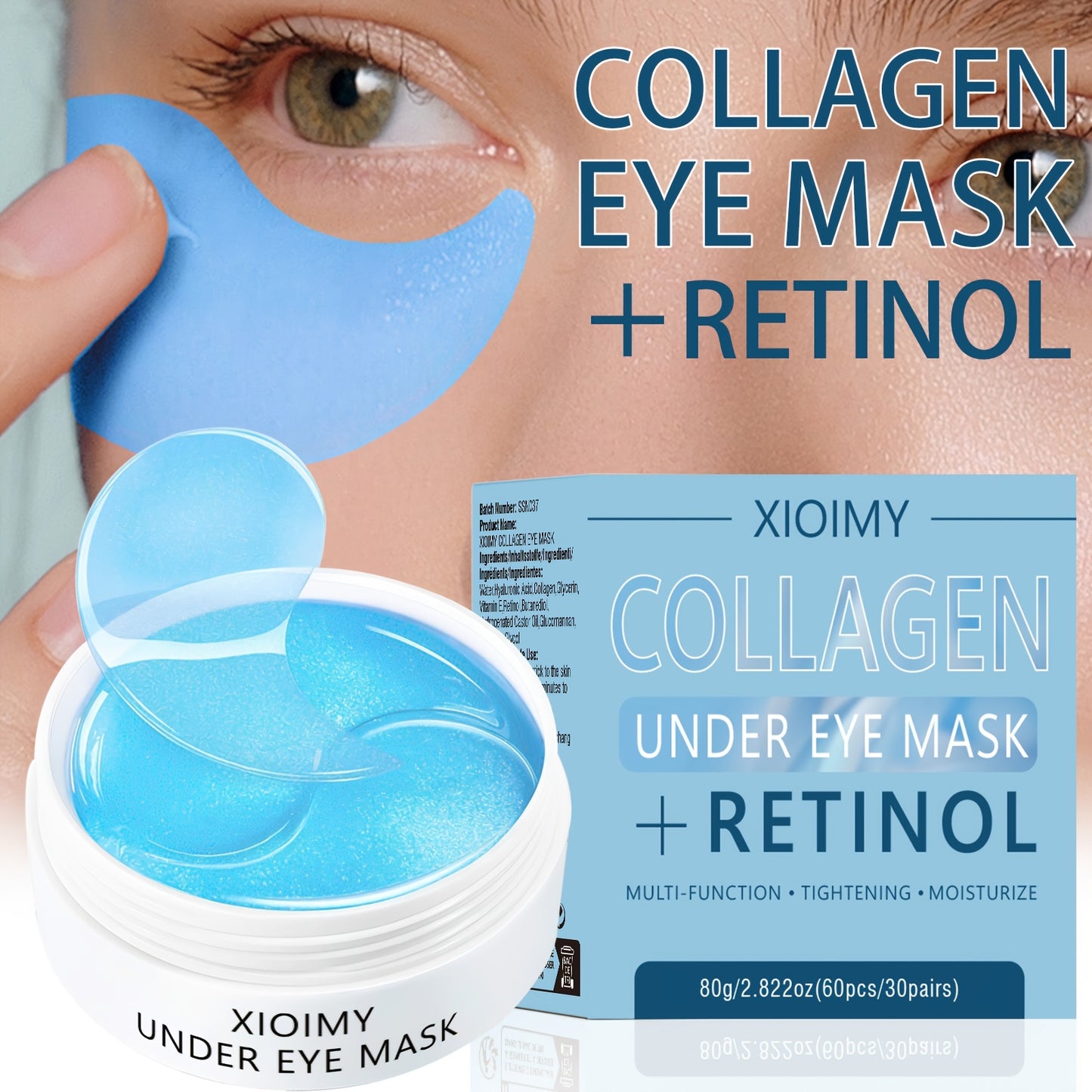 60-Pcs Collagen and Retinol Eye Masks, Intensive Hydration, Deep Moisturizing, Leaves Eye Area Skin More Delicate and Firm, Gives Eye Skin Radiance, Improves Skin Elasticity, Eliminates Dryness and Dullness, Eye Care, Eye Masks, Eye Patches