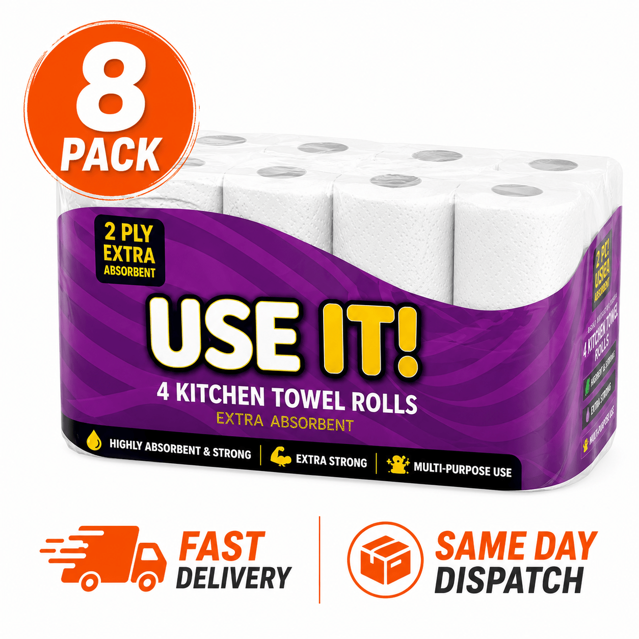 MANODU 8 Pack Kitchen Roll Towels 2 Ply Extra Absorbent Strong Household Paper Towels Bulk Supply for Kitchen Cleaning, Spill Control, Home, Office, Catering & Everyday Use UK