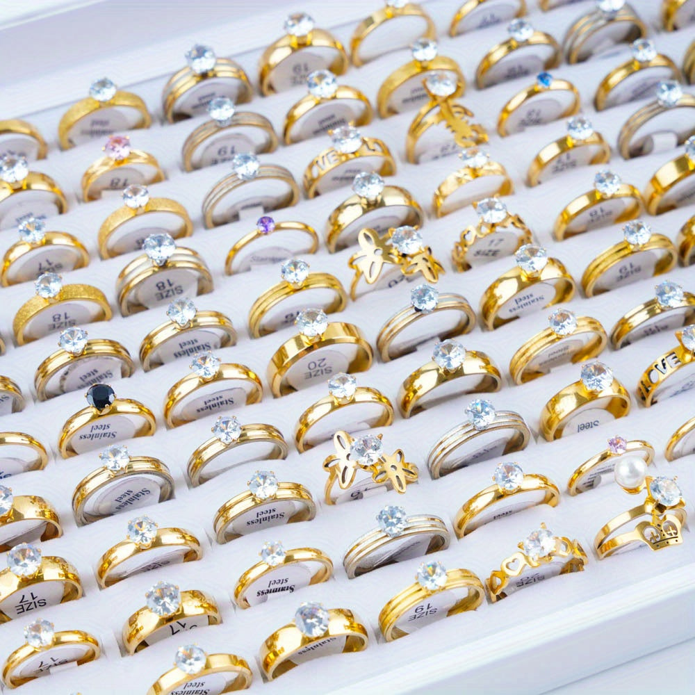20 Fashionable Classic Rhinestone Stainless Steel Rings for Women and Men, Simple Shiny Colorful Finger Jewelry, Wedding Party Gift