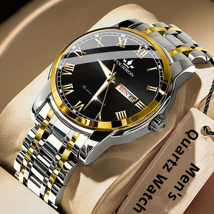 1pc FOURRON Brand New Trendy Fashion Men'S Quartz Watch Stainless Steel Strap with Day Date, Roman Numeral Disc Multi-Function Luminous Luxury Men'S Wristwatches, Friends And Relatives Birthday Gifts, Holiday Party Gifts Preferred Choice