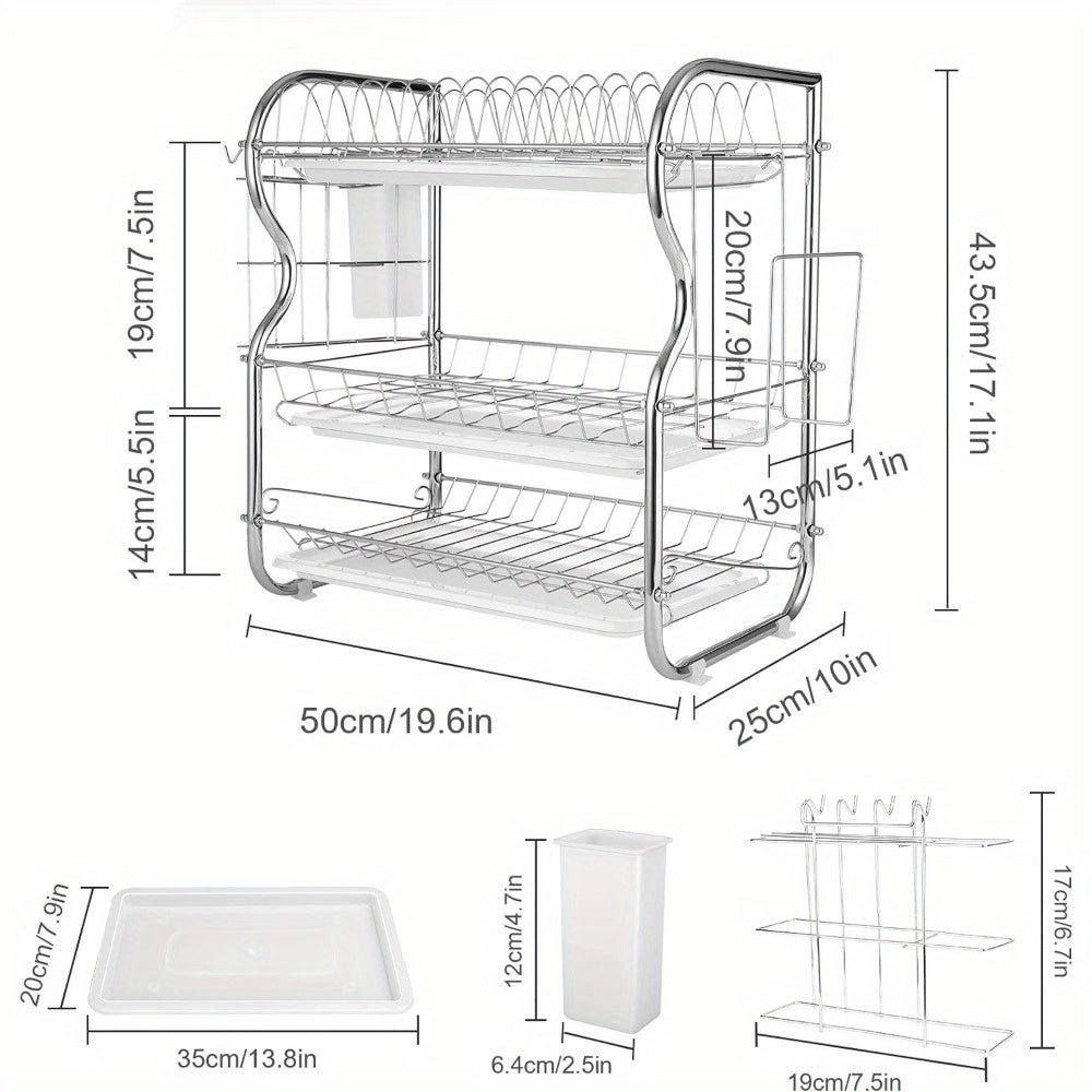 1pc 3 Tier Dish Rack with Cutlery Cup Plates Holder and Sink Draining Rack Tray - 3 Layer Drain Rack, Cutting Board Holder, and Household Tableware Storage Rack - Kitchen Accessories