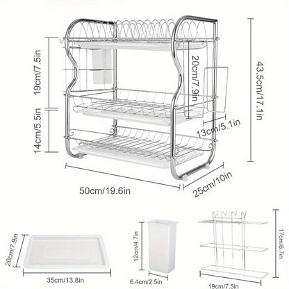 1pc 3 Tier Dish Rack with Cutlery Cup Plates Holder and Sink Draining Rack Tray - 3 Layer Drain Rack, Cutting Board Holder, and Household Tableware Storage Rack - Kitchen Accessories