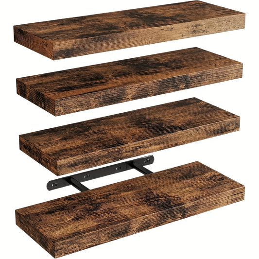 4pcs Vintage Wooden Floating Shelves Organizer, Wall Mounted Floating Shelf Kit, Rustic Style Hanging Shelves, Space Saving Wall Shelves With Invisible Brackets For Living Room Storage, Floating Shelves