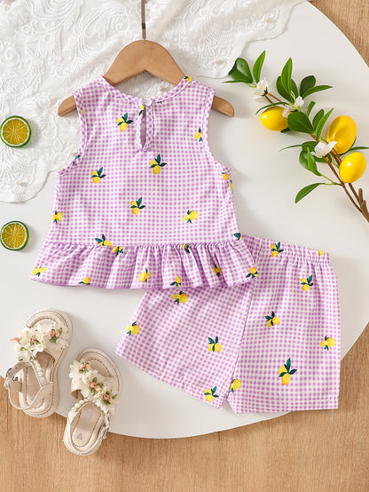 2pcs Set. Girls' Vest And Shorts Outfit, Lemon Print, Contrast Plaid Pattern, Bow Detail, Ruffled Hem. Summer Casual Outfit for Girls. Ideal Gift for 1-8 Year Olds. Suitable for Outdoor Wear
