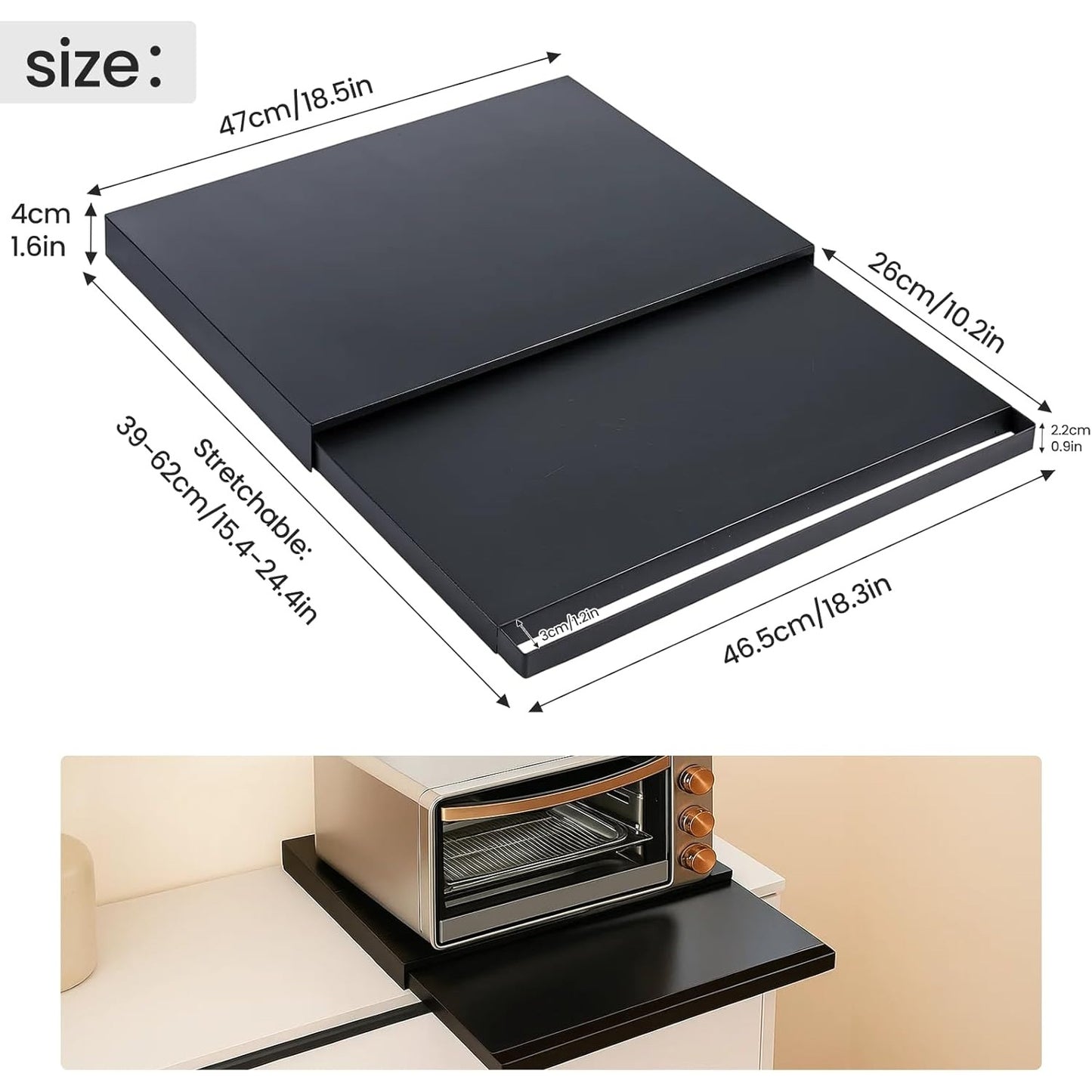 Countertop Microwave Oven Stand with Pull-Out Tray, Adjustable Metal Kitchen Rack Shelf, Extendable 39-62cm, Heavy Duty Storage for Ovens, Toasters & Appliances