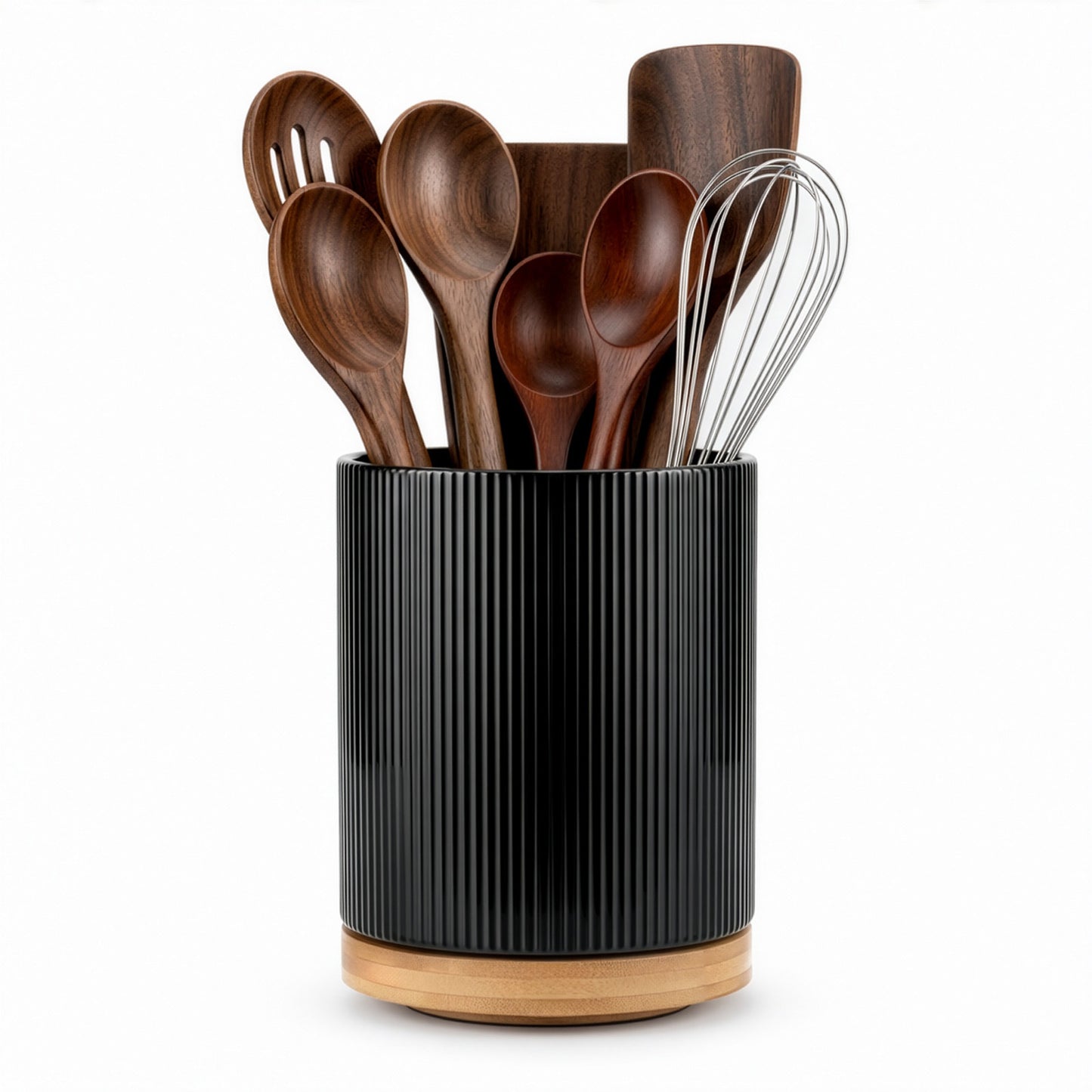 360° Rotating Ceramic Kitchen Organizer with Detachable Bamboo Base – Space-Saving Utensil Holder for Countertops, Perfect for Cooking Tools, Flower Vases, and Whisky Glasses, Kitchen Accessories