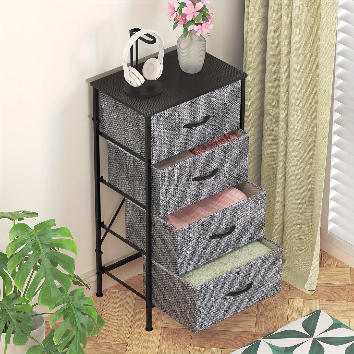 1pc Modern Tall Dresser with 4 Spacious Drawers - Large Storage Cabinet with MDF Wood Top & Sturdy Metal Frame, Freestanding Tall Tower Unit with Legs, 68.58cm+ Height, 3.2 Cu Ft Capacity, Space-Saving Vertical Organizer for Bedroom/Living Room