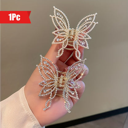 [Elegant Hair Clip] Elegant Hair Clip with a Butterfly Grip, Adorned with Pearls And Rhinestones, Perfect for a Sophisticated Look