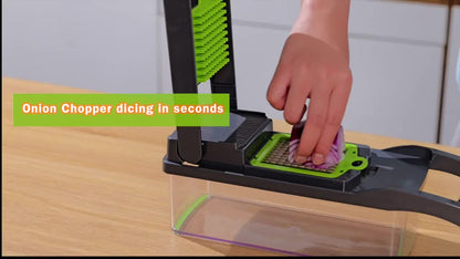 A Multifunctional 16-In-1 Food Chopper, Including a Vegetable Chopper, Onion Chopper, Vegetable Slicer, Dicer, And More, Equipped with 8 Blades, a Strainer Basket, And Containers for Salad, Potatoes, Carrots, And Garlic, Along with a Drainage Basket