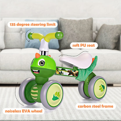 Dinosaur-themed Balance Bike Toy for Boys and Girls, a Pedal-free Ride-on Training Bike with 4 Silent Wheels, Suitable for Both Indoor and Outdoor Use. A Great Birthday Gift for Children Learning to Ride a Bike for the First Time
