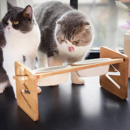 Raised Cat Bowl, Cat Bowls with Stand Tilted 15°, Adjustable Elevated Ceramic Cat Food Bowl for Cats and Small Dog, Adjustable Dog Bowl Stand - Raised Bamboo Stand with One, Two, or Three Ceramic Bowls for Feeding Small,Medium Sized Dogs, Cats,and Pets -
