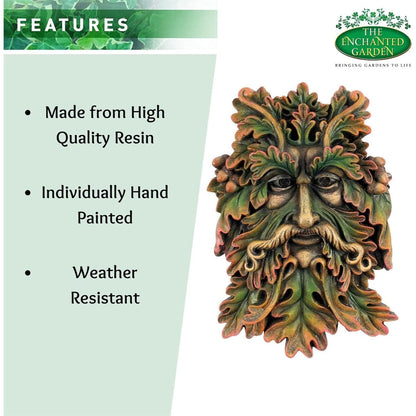 Green Man Wall Plaque 22.5cm – Wildwood Sage Tree Spirit Resin Sculpture for Garden Fence & Home Décor | Celtic Outdoor & Indoor Wall Ornament Gift