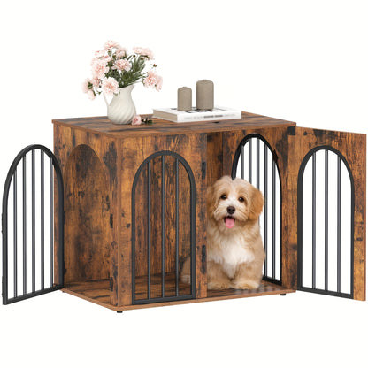 Dog Crate Furniture, 68cm Wooden Dog Crate, Indoor Kennel for Small Dogs, End Side Table Animal Crates, Anti-Chew, Anti-Escape, Arched Door Design, White Brown