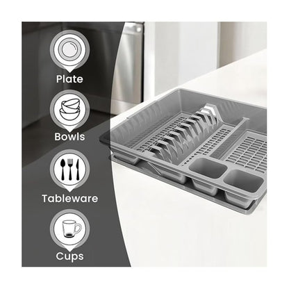 STL Plastic Dish Drainer with Anti-Drip Tray, Capacity for 13 Plates, 5 Color Options, Food Grade, BPA Free, Kitchen Organizer (Grey)