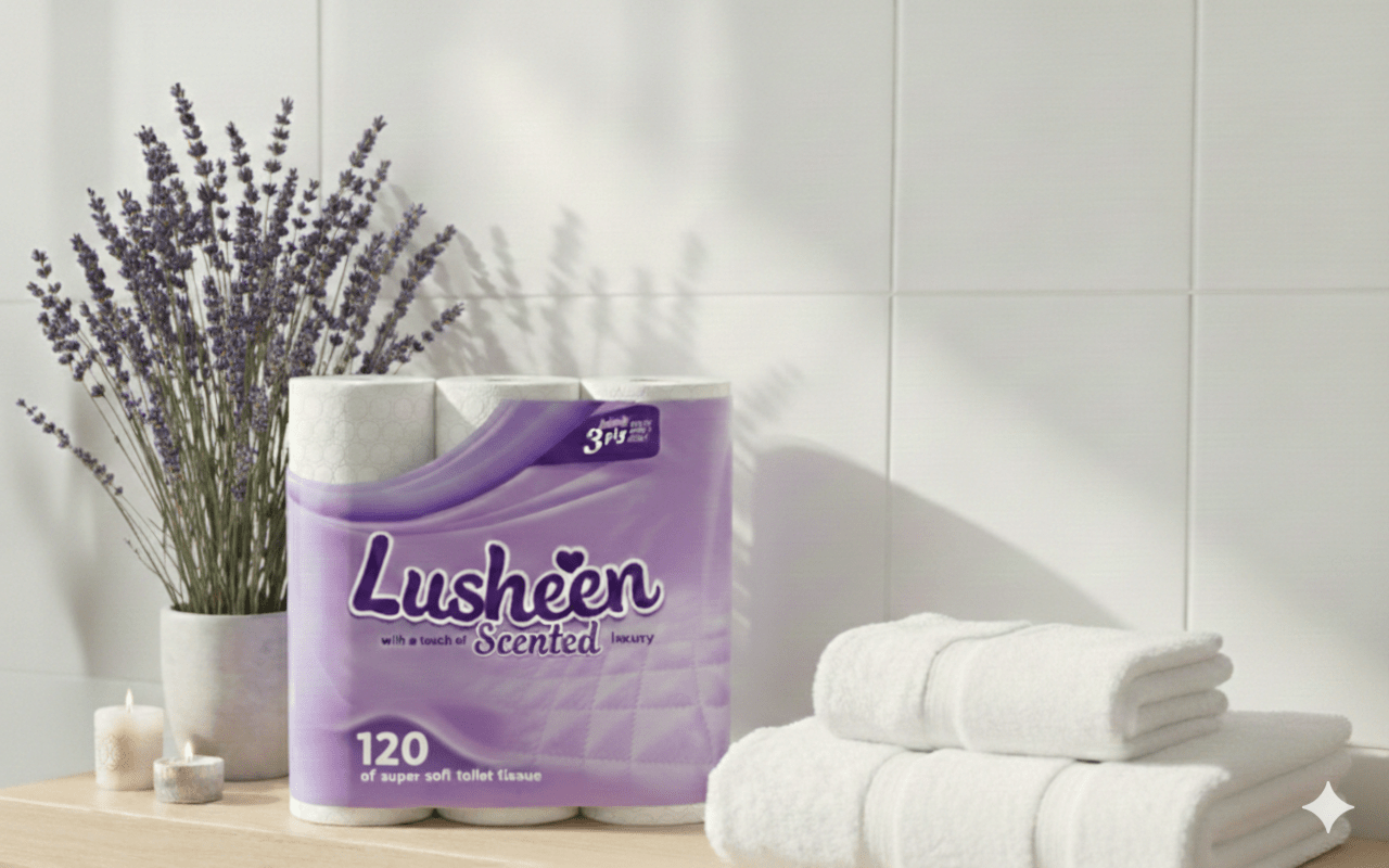 Lusheen Lavender 3-Ply Toilet Roll – 120 Rolls Bulk Pack (150 Sheets/Roll) – Premium Quilted, Scented & Ultra-Soft Toilet Paper