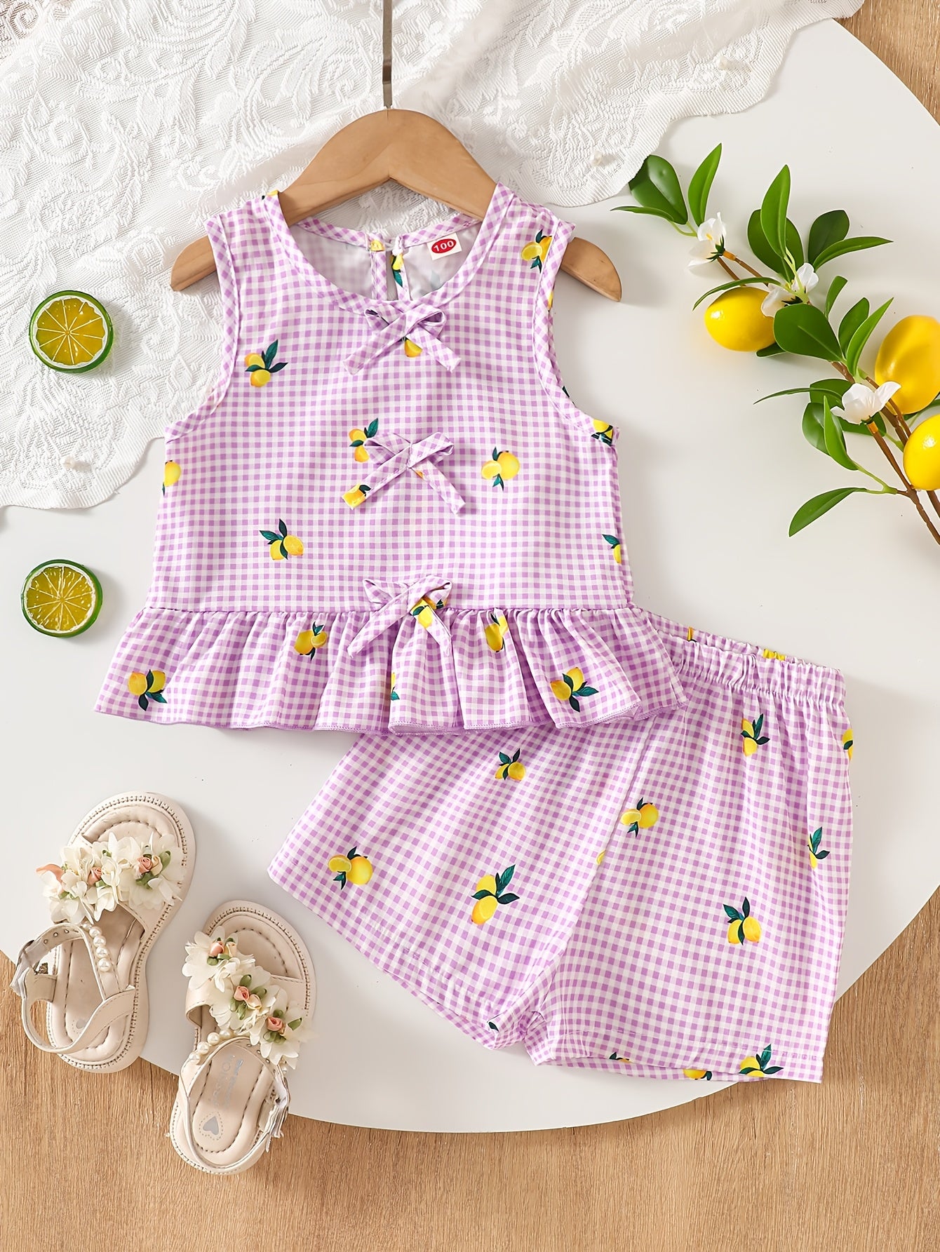 2pcs Set. Girls' Vest And Shorts Outfit, Lemon Print, Contrast Plaid Pattern, Bow Detail, Ruffled Hem. Summer Casual Outfit for Girls. Ideal Gift for 1-8 Year Olds. Suitable for Outdoor Wear