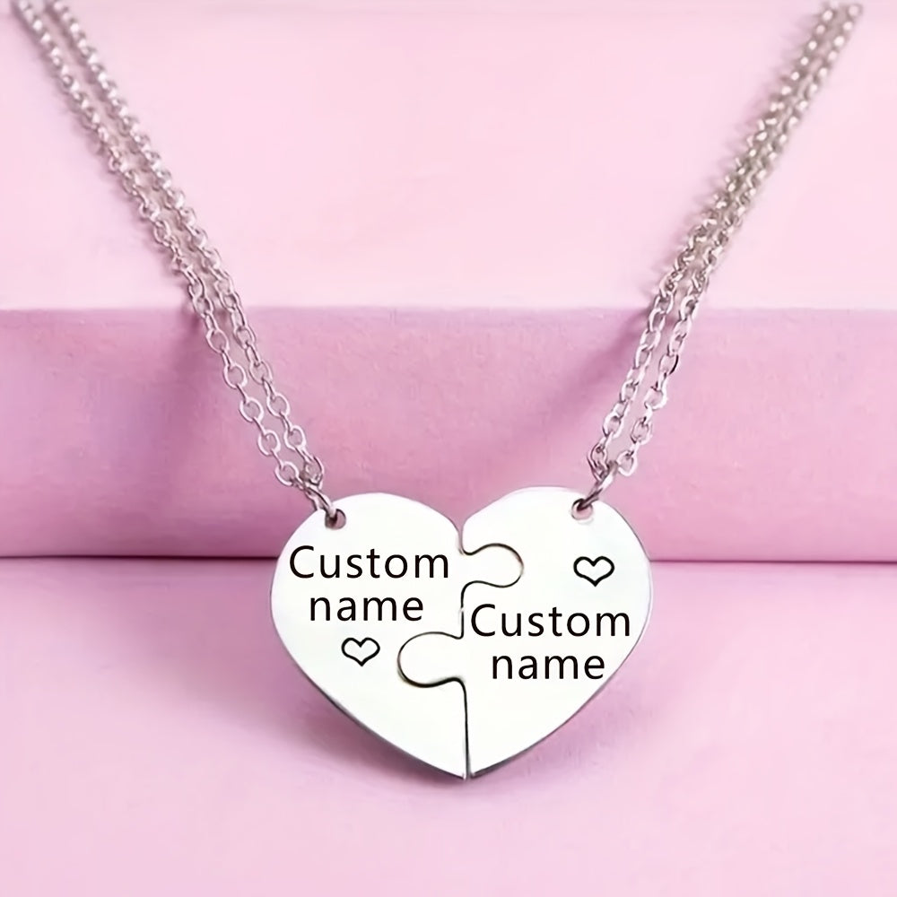 2pcs Interlocking Heart Puzzle Necklace - Engravable Stainless Steel Personalized Couples Gift with Custom Names, Elegant Minimalist Matching Jewelry for Casual Attire & Special Occasions, Romantic Accessory, Friendship Necklace, Romantic Design, Elegant