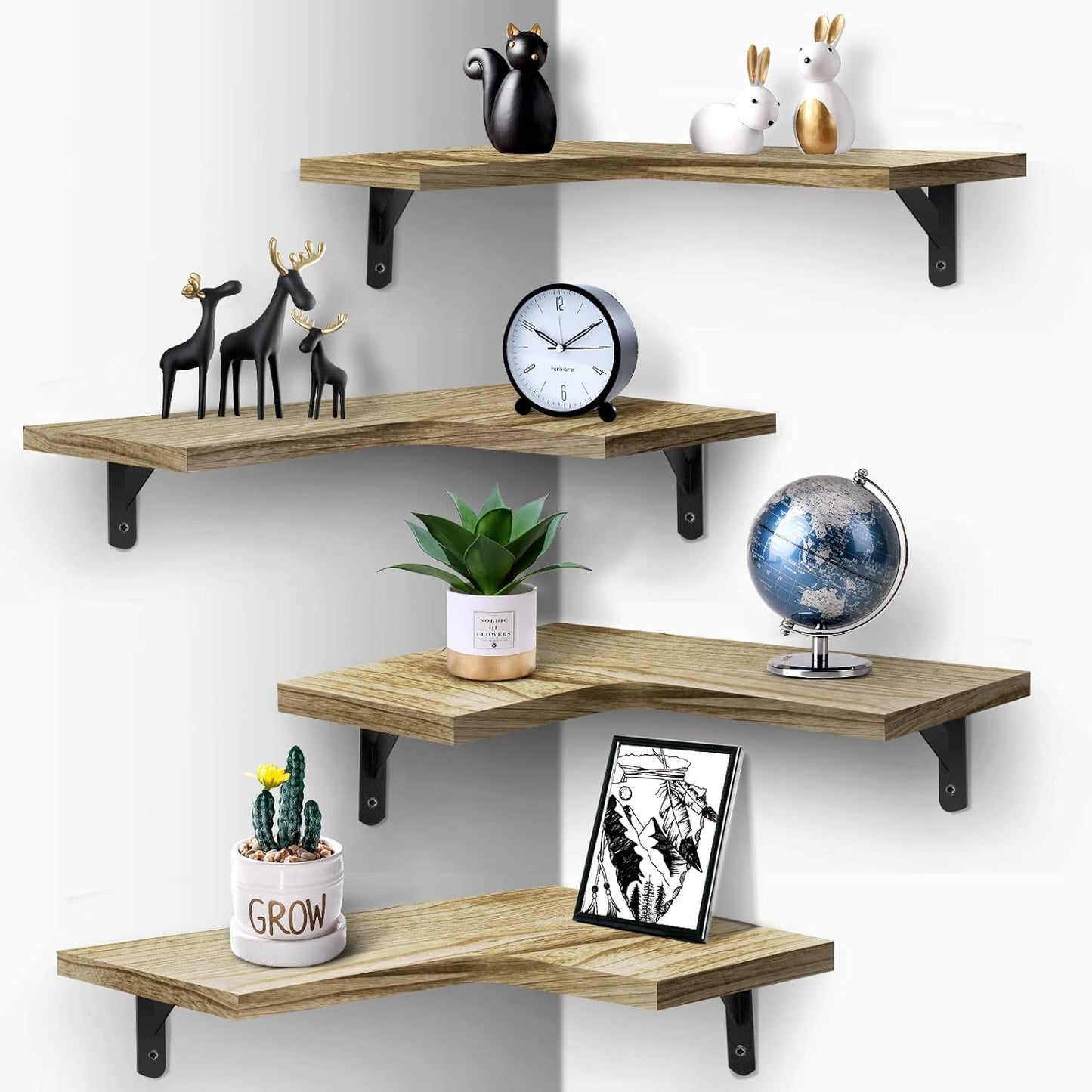 4 Tier Wooden Floating Shelves Wall Mounted Storage Rack L Shape Corner Shelf Versatile Home Kitchen Bathroom Bedroom for Books, Crafts, Festival Ornament, Toiletries Display Holder Decorative Stand