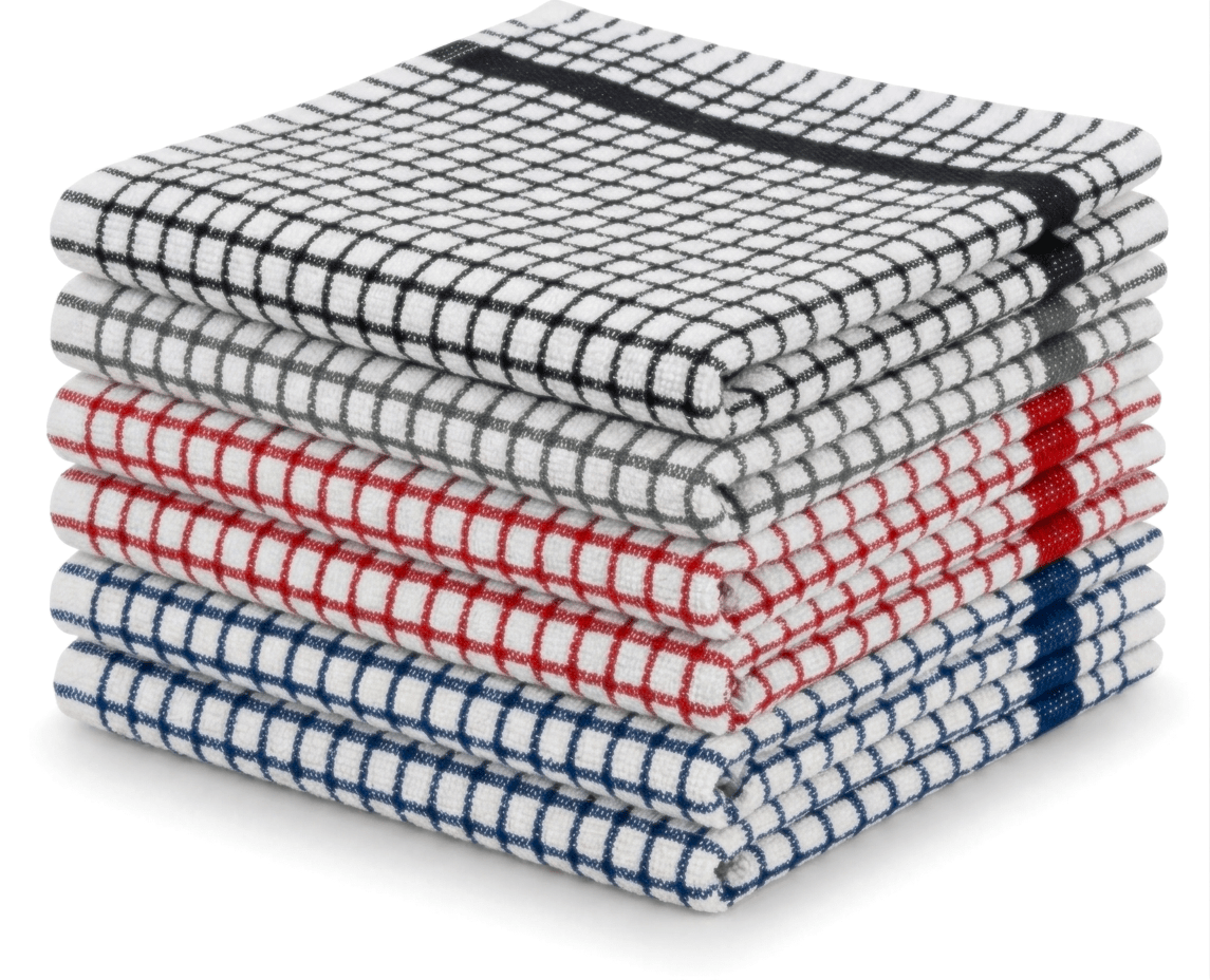 Pack of 6 Large Tea Towels 40x60cm – 100% Cotton Luxury Check Soft Kitchen Towels – Highly Absorbent Dish Cloths – Durable Washable Tea Towels for Drying Dishes, Cleaning, Cooking, Household, Restaurant, Bar, Café, Catering, Commercial & Professional Kitc